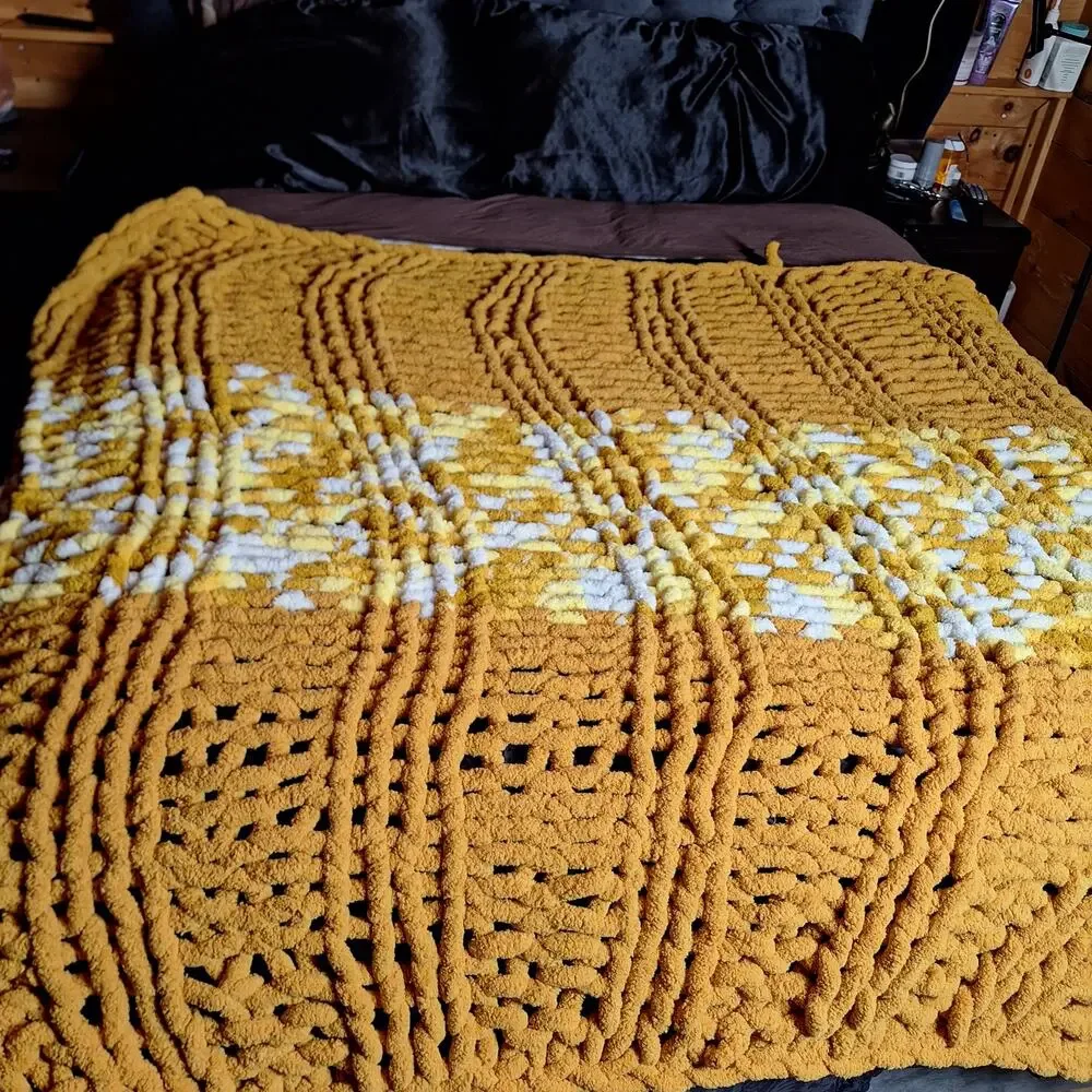 Handmade Chunky open knit handwoven chenille throw blanket mustard yellow 72x72